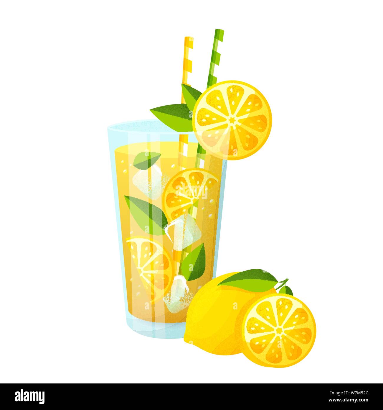 Limonade Glas und Zitrone. Vector Illustration auf weißem Hintergrund. Sommer Obst trinken mit Eis. Stock Vektor