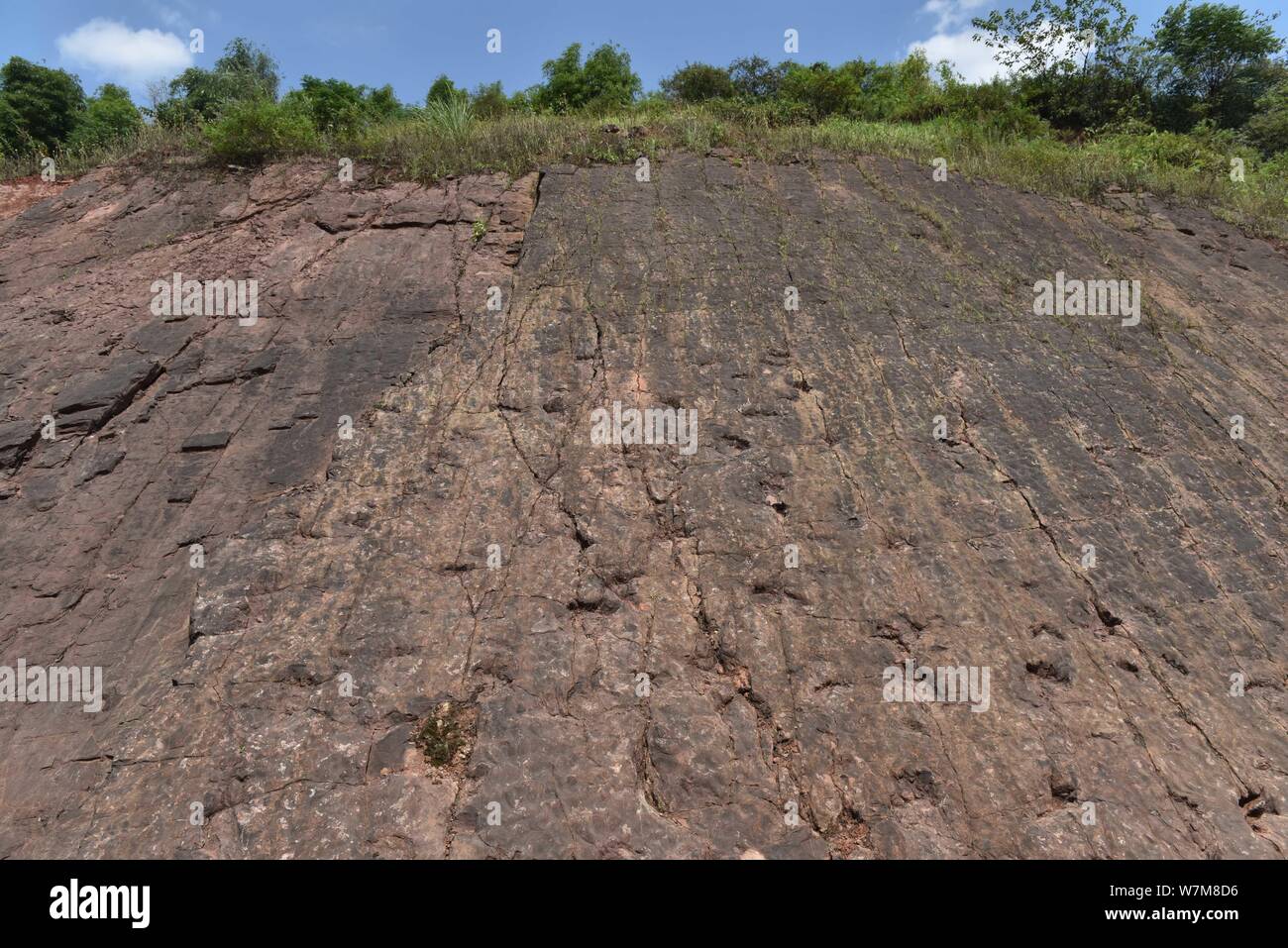 Blick auf die Fußabdrücke von Dinosauriern der sauropoden Dinosaurier aus der frühen Kreidezeit in Maotai Stadt Guiyang, Provinz Guizhou im Südwesten Chinas, 21 Au Stockfoto