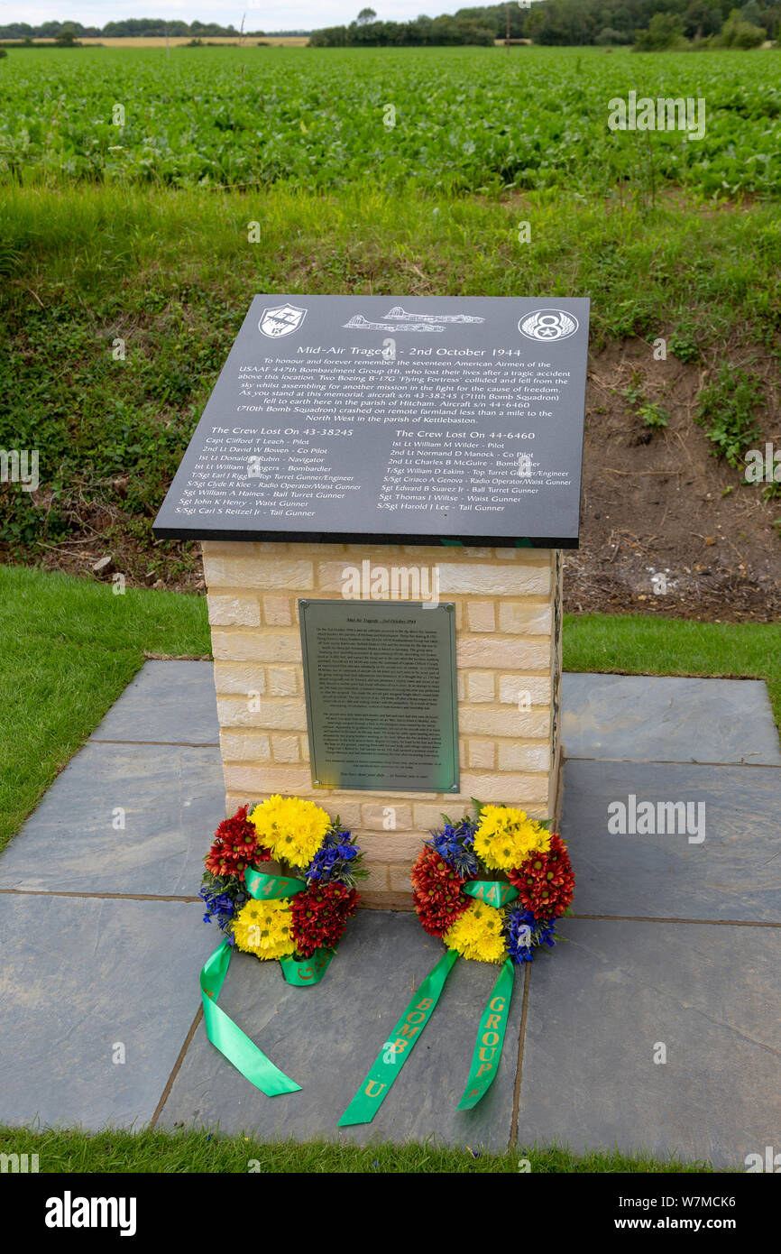 Mid-air Tragödie USAAF 447th Bombardement Group 1944 Memorial, Hitcham und Kettlebaston, Suffolk, England, Großbritannien Stockfoto