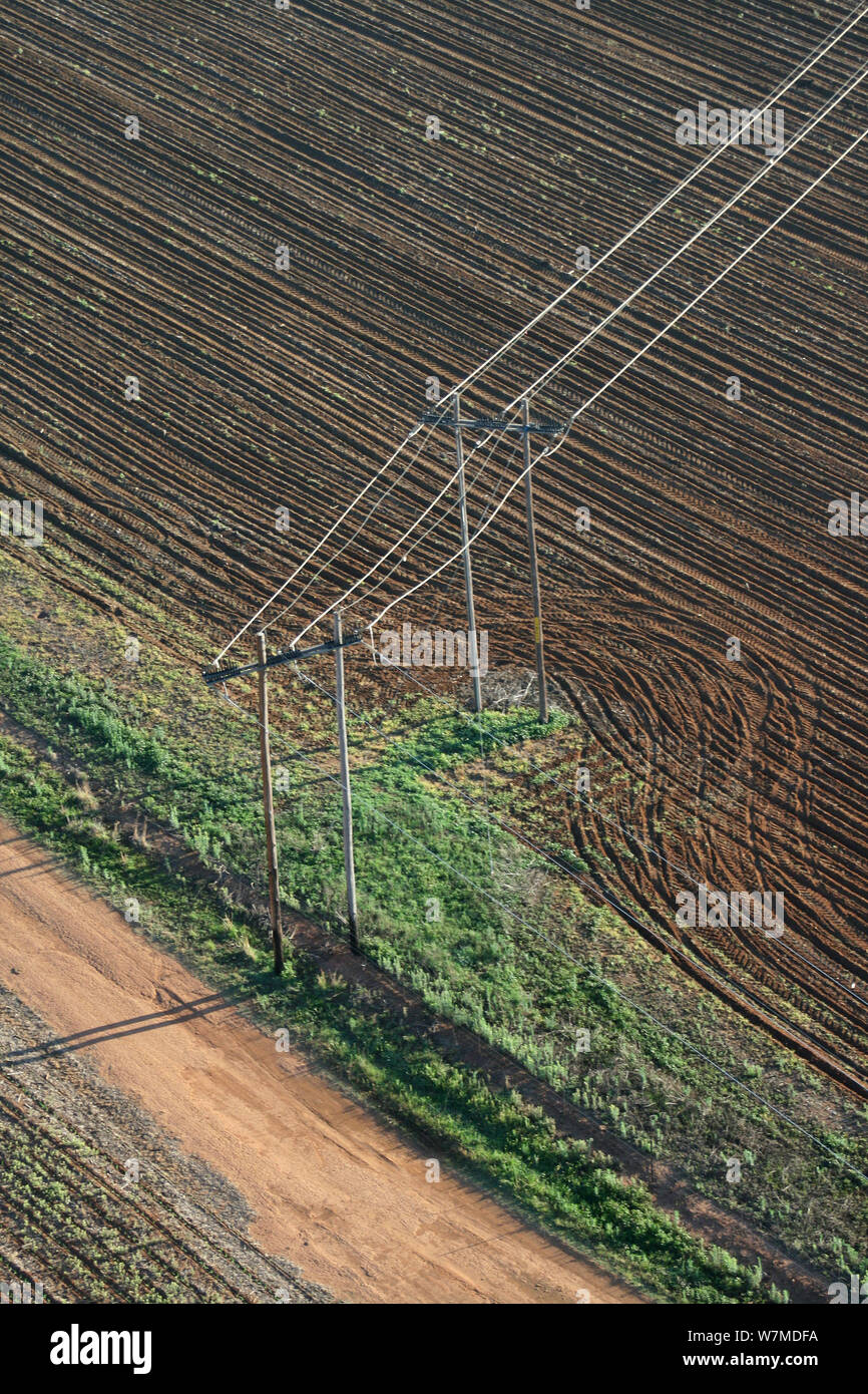 Luftbild von Macht-/Telefonleitungen auf einem Bauernhof, Drakensberge, Südafrika Stockfoto