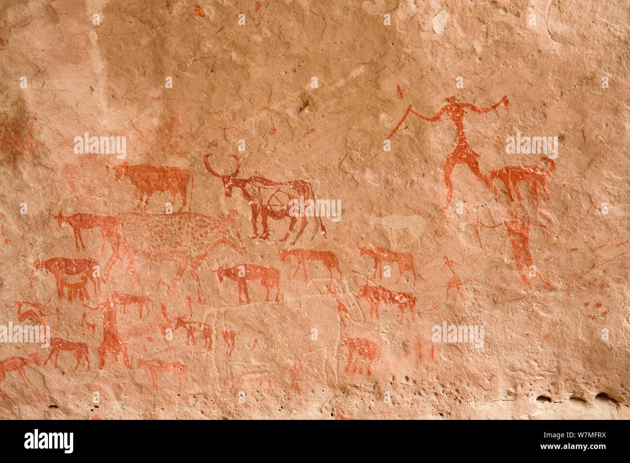 Prähistorische Felsmalereien, Tal, Tadrart Akakus Gebirge, Libyen, Sahara, Nordafrika 2007 Stockfoto