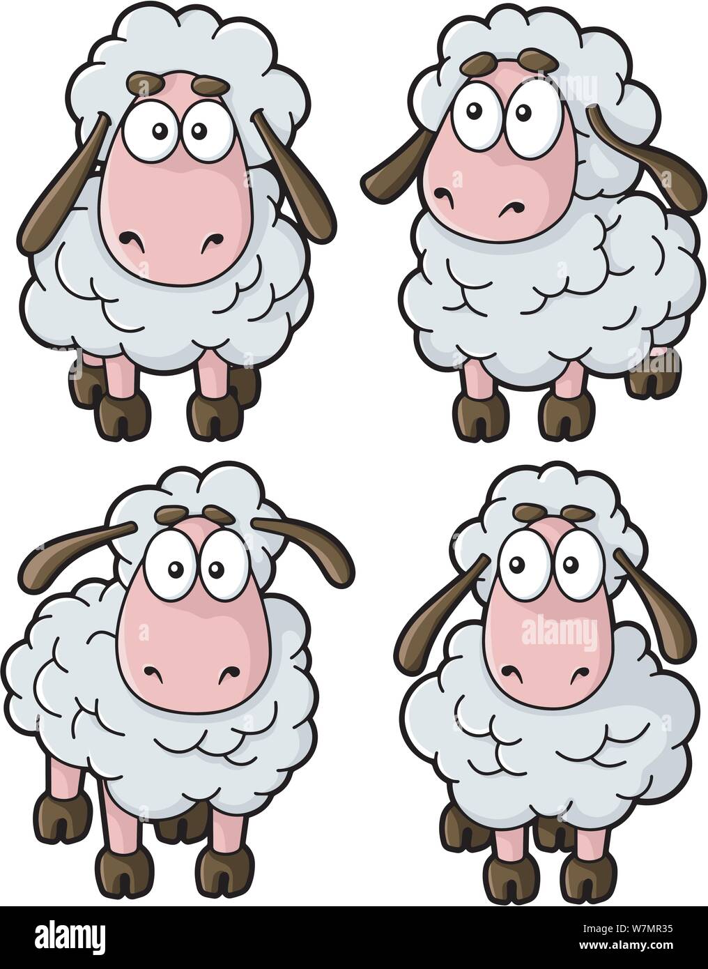 Vier Schafe cartoon Symbole auf weißem Hintergrund. Stock Vektor
