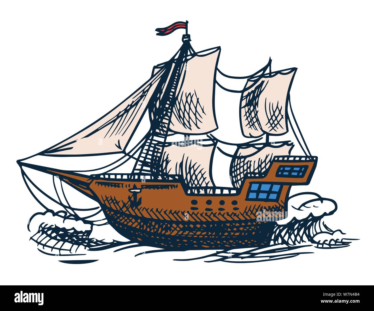 Segelboot Im Meer Sommer Abenteuer Aktiven Urlaub Seeschiff Marine Schiff Oder Nautische Karavelle Transport Zu Wasser Im Ozean Fur Sailor Und Stock Vektorgrafik Alamy