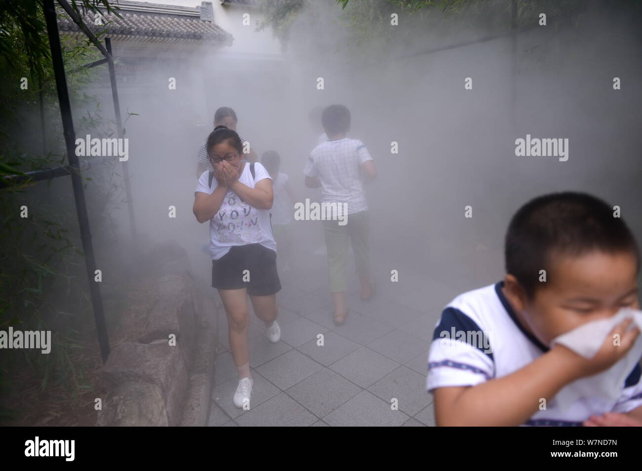 Touristen decken ihren Mund und Nase mit ihren Händen, wie sie Fehler der Wasserdampf für dichten Rauch eines Feuers an der Beijing Zoo in Peking, China, 2. Stockfoto