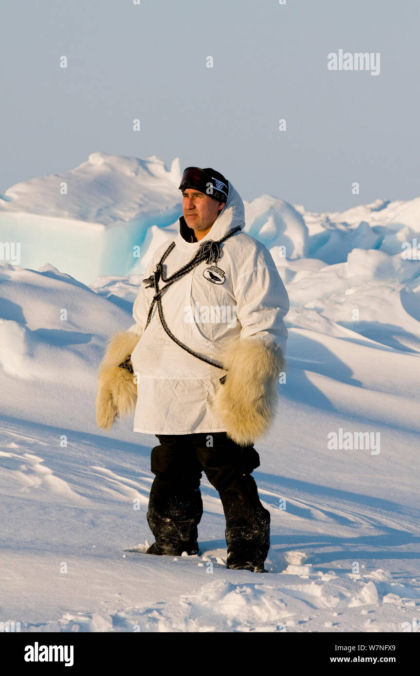 Mann mit traditionellen polar Bärenfellmütze Handschuhe steht auf Packeis über dem Chukchi Meer. Offshore von Barrow, arktischen Küste von Alaska, Frühling, Mai 2012. Stockfoto