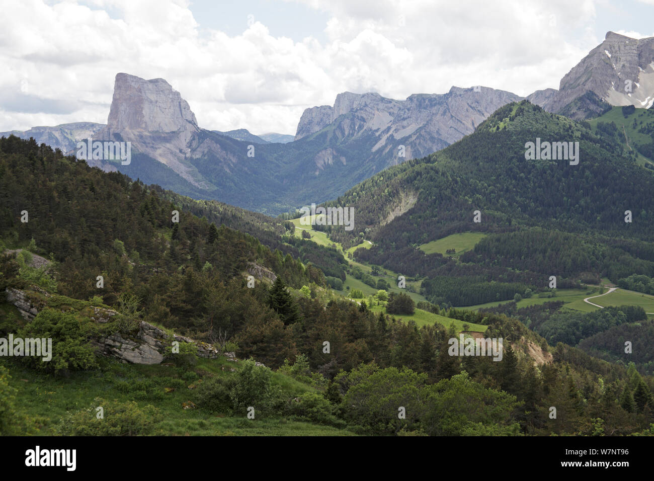 Blick auf den Mont Aiguille, vom Pas du Serpaton, Parc Naturel Regional du Vercors, Frankreich, Juni 2012 gesehen. Stockfoto