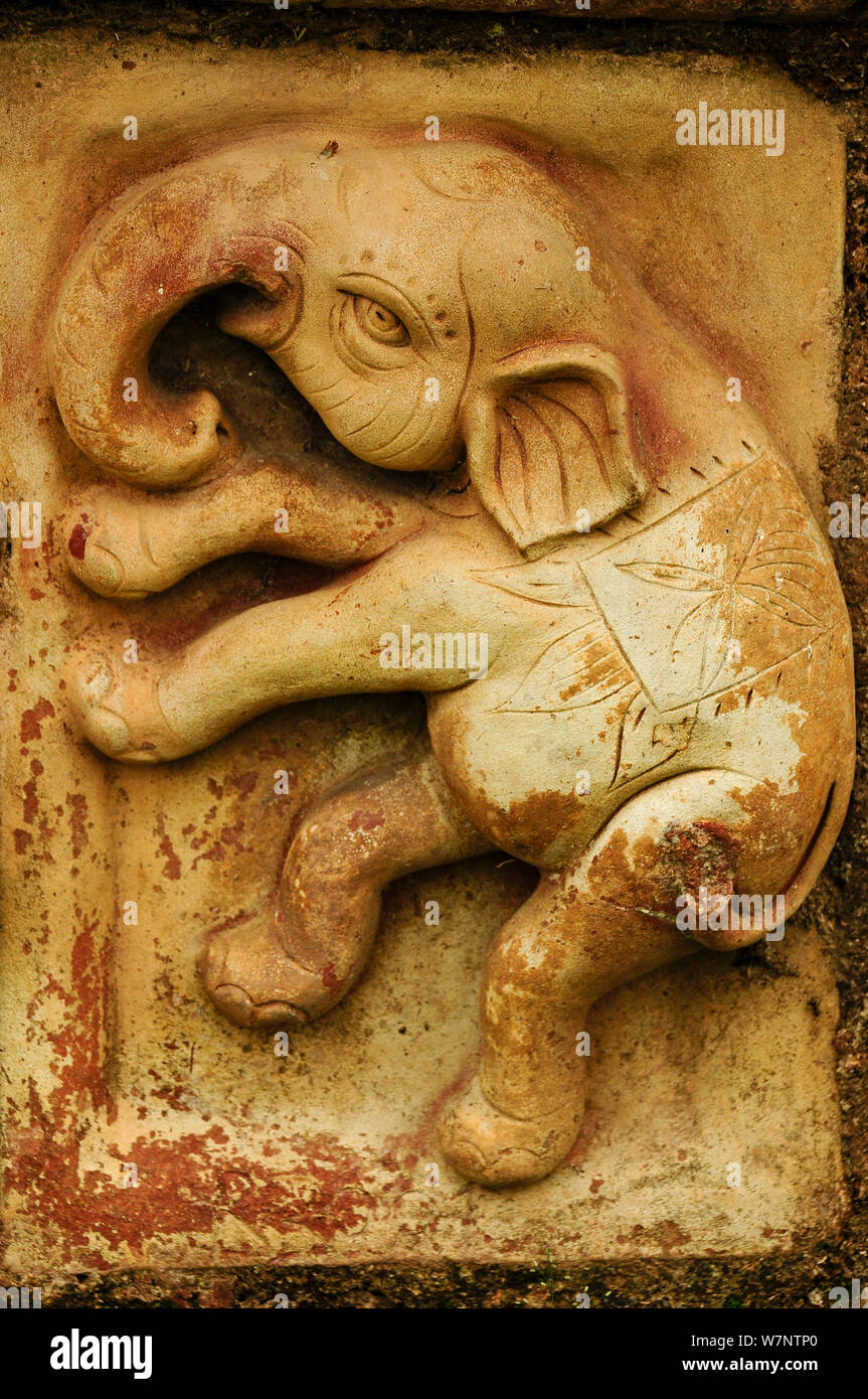 Ein Elefant mit Gravur in Stein Somapura Mahavihara Buddhistischen, paharpur. UNESCO-Weltkulturerbe. Bangladesch. Juni 2012. Stockfoto