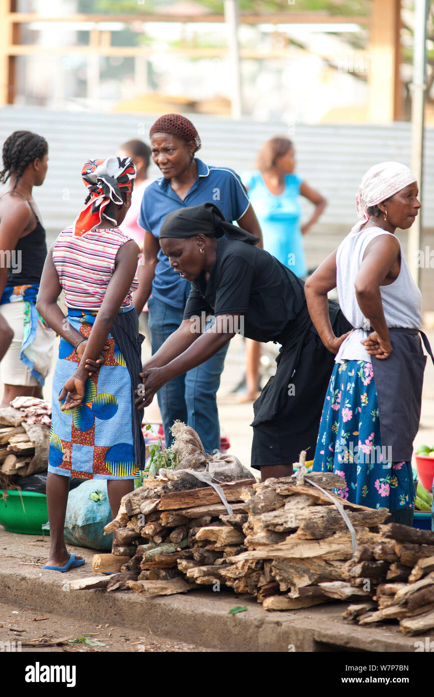 Frauen verkaufen Holz für Brennstoff in Sao Tome, Sao Tome, der Demokratischen Republik Sao Tome und Principe, Golf von Guinea. Mangel an kochen Brennstoffe setzt den Druck auf die natürlichen Ressourcen und Vieles kommt aus Holz illegal aus dem Obe National Park entfernt. 2009 Stockfoto