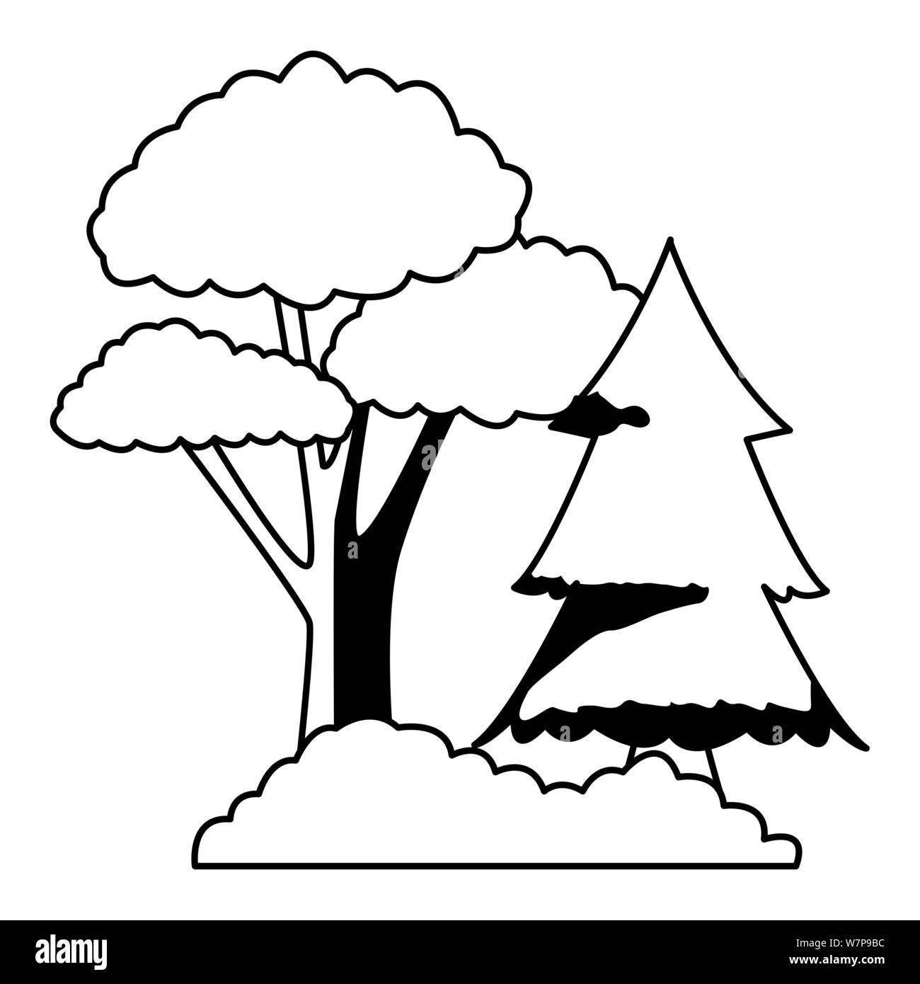 Bäume, Büsche natur Karikatur in Schwarz und Weiß Stock Vektor