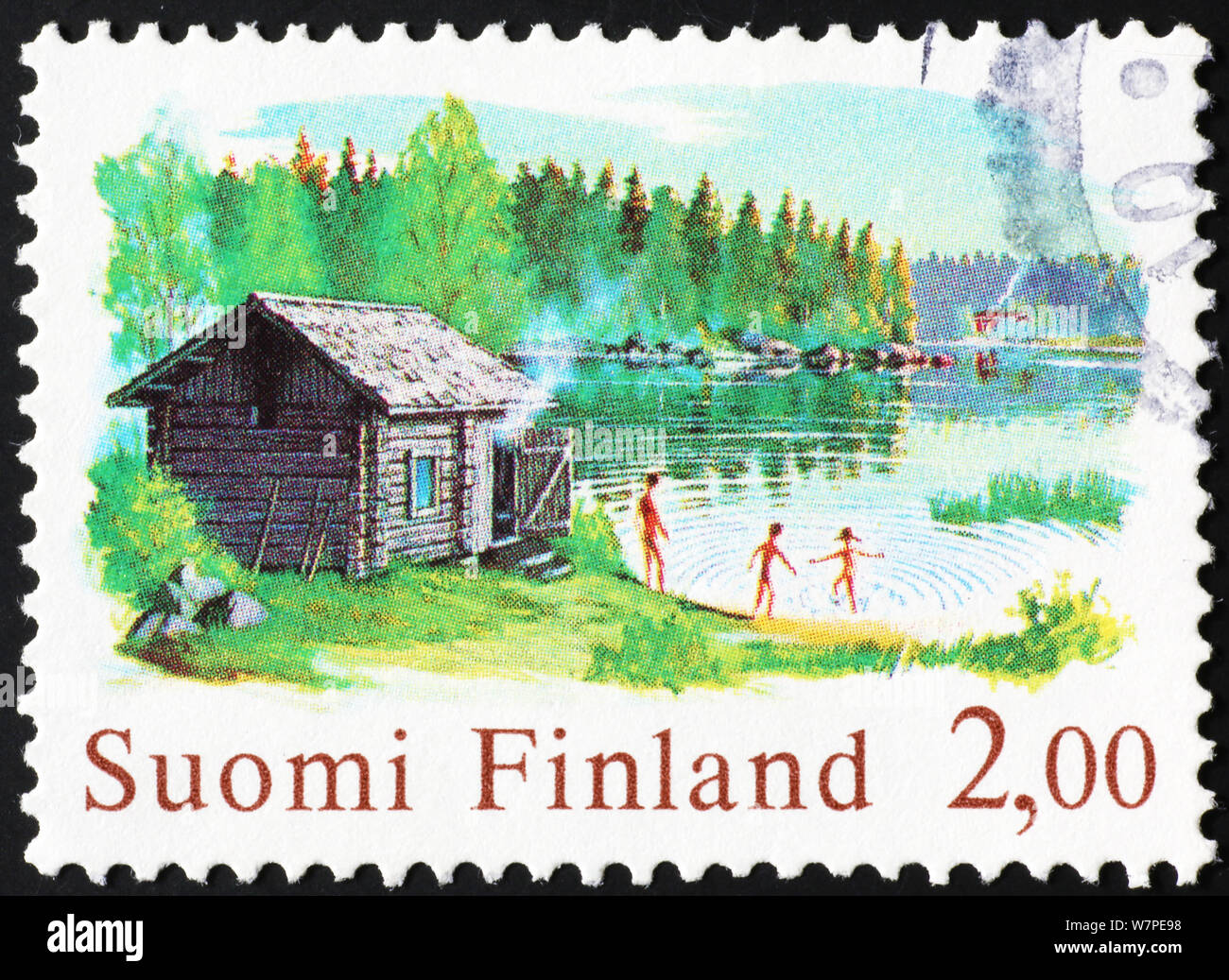 Finnische Familie Spaß im Freien auf Briefmarke Stockfoto