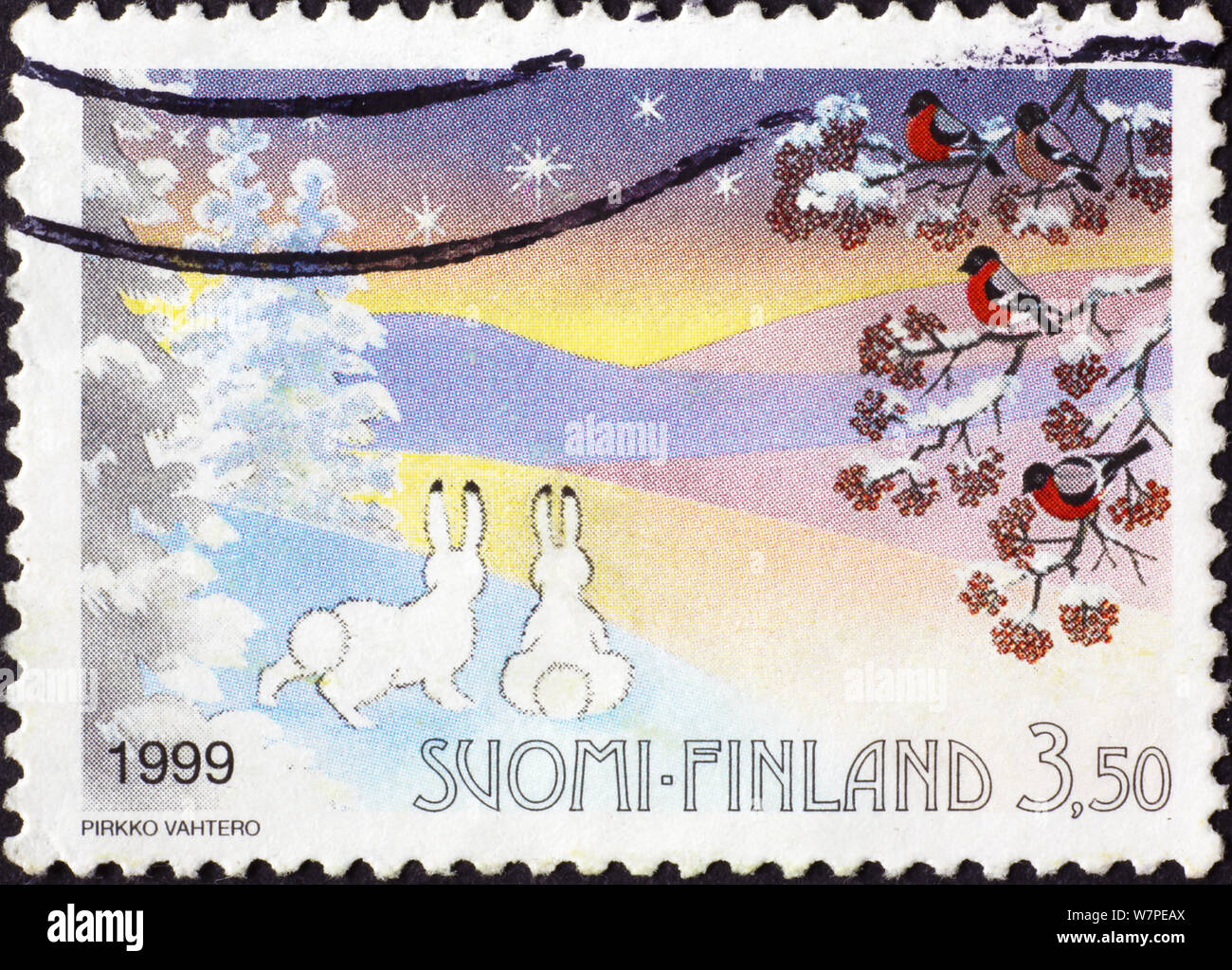 Finnische Natur in der Weihnachtszeit auf Briefmarke Stockfoto