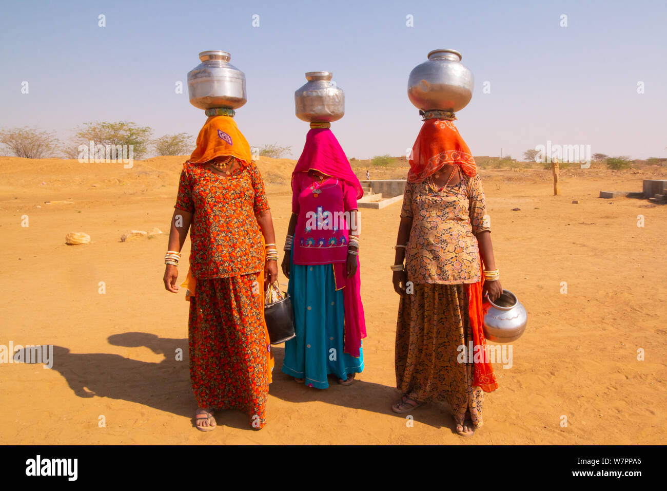 Indische Frauen in Sari in Rajasthan, holen Wasser aus der Wüste gut Stockfoto
