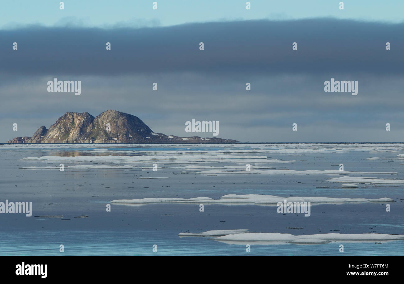 Waldonaye Insel und Packeis, Svalbard, Juli 2010. Exlibris von Danny's Grün" Die lange Reise nach Norden" Stockfoto