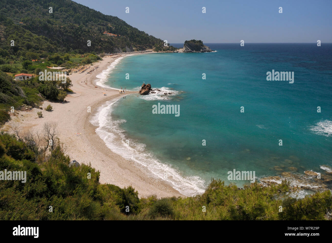 Überblick über Potami Strand in der Nähe von Hoi An an der Nordostküste der Insel Samos. Östliche Sporaden, Griechenland, Juli 2012. Stockfoto