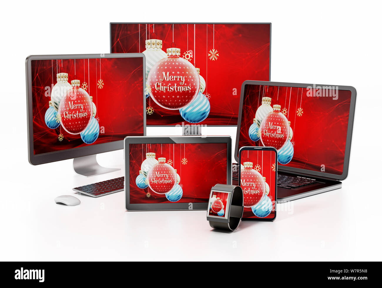 Christbaumkugeln Hintergrund auf Smart TV, Monitor, Tablet-PC, PC, Smartphone und Laptop. Stockfoto