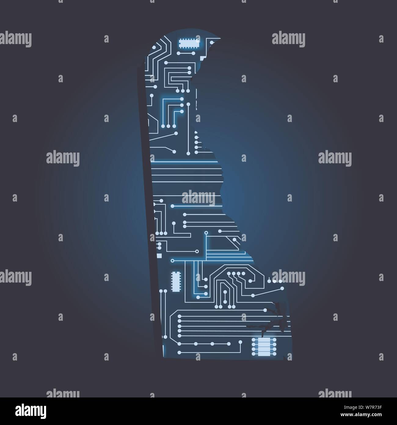Kontur karte von Delaware mit einem Technische Elektronik Schaltung. USA Staat. Blauen Hintergrund. Stock Vektor