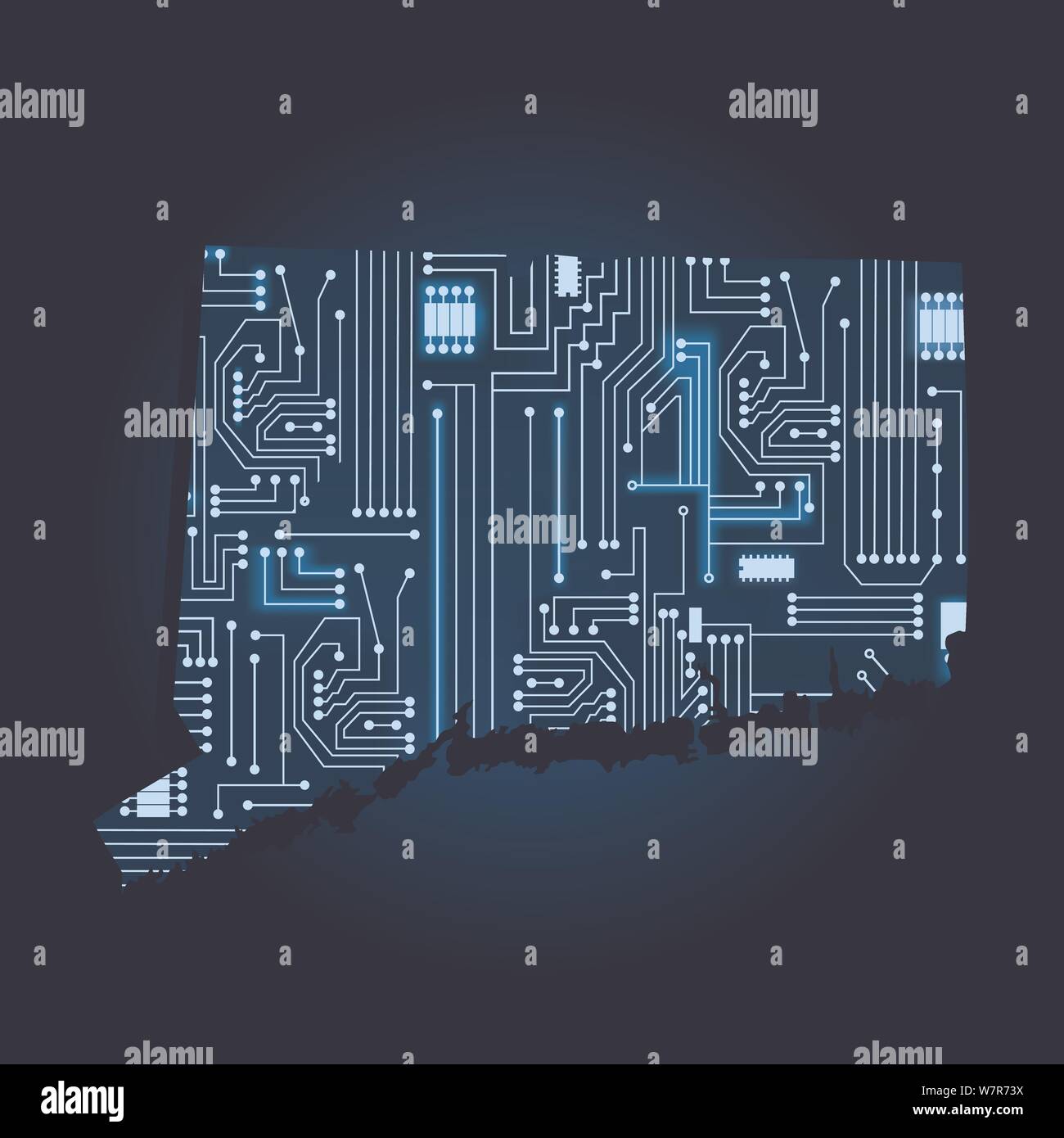 Kontur karte von Connecticut mit einem Technische Elektronik Schaltung. USA Staat. Blauen Hintergrund. Stock Vektor