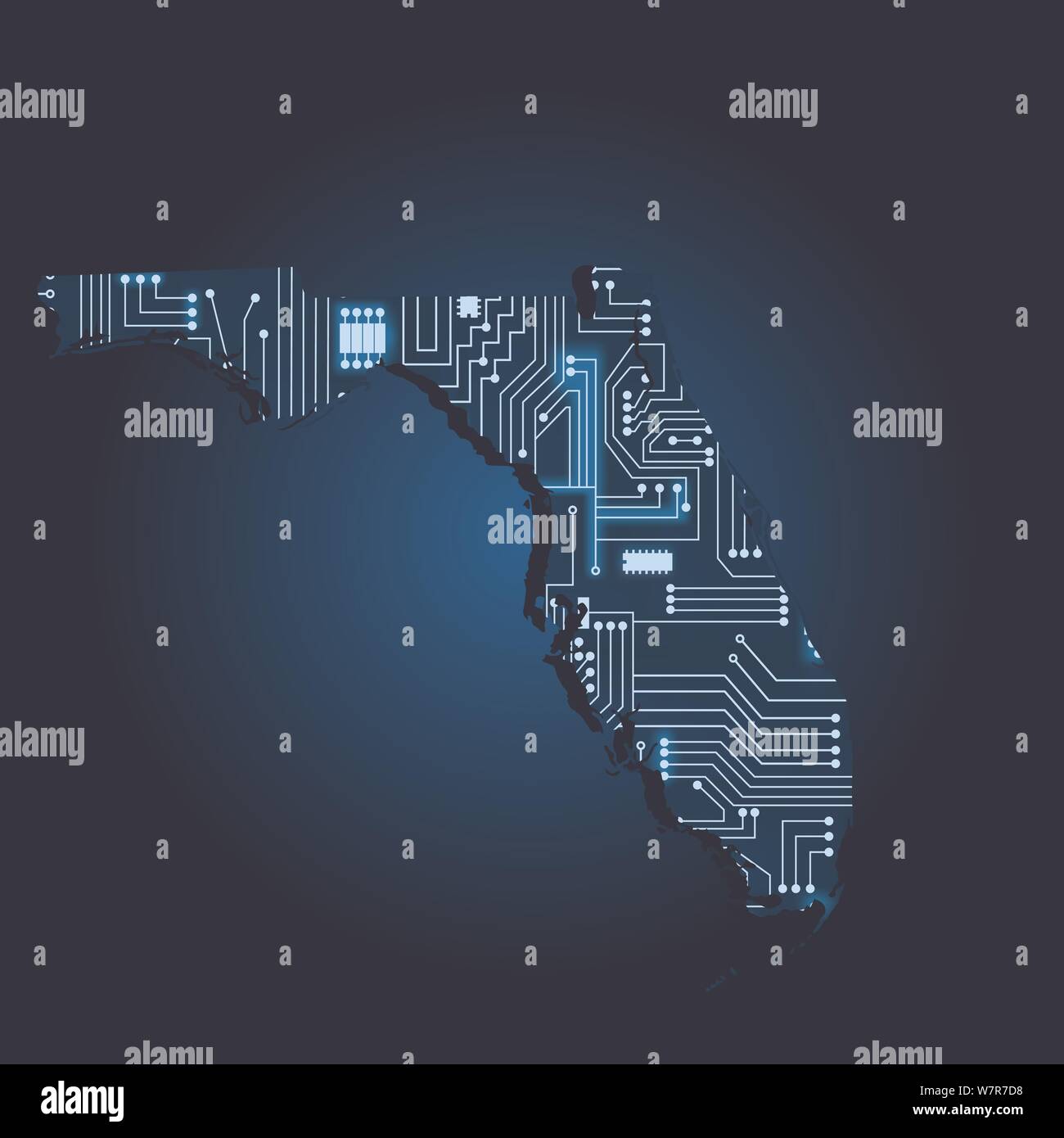 Kontur karte von Florida mit einem Technische Elektronik Schaltung. USA Staat. Blauen Hintergrund. Stock Vektor