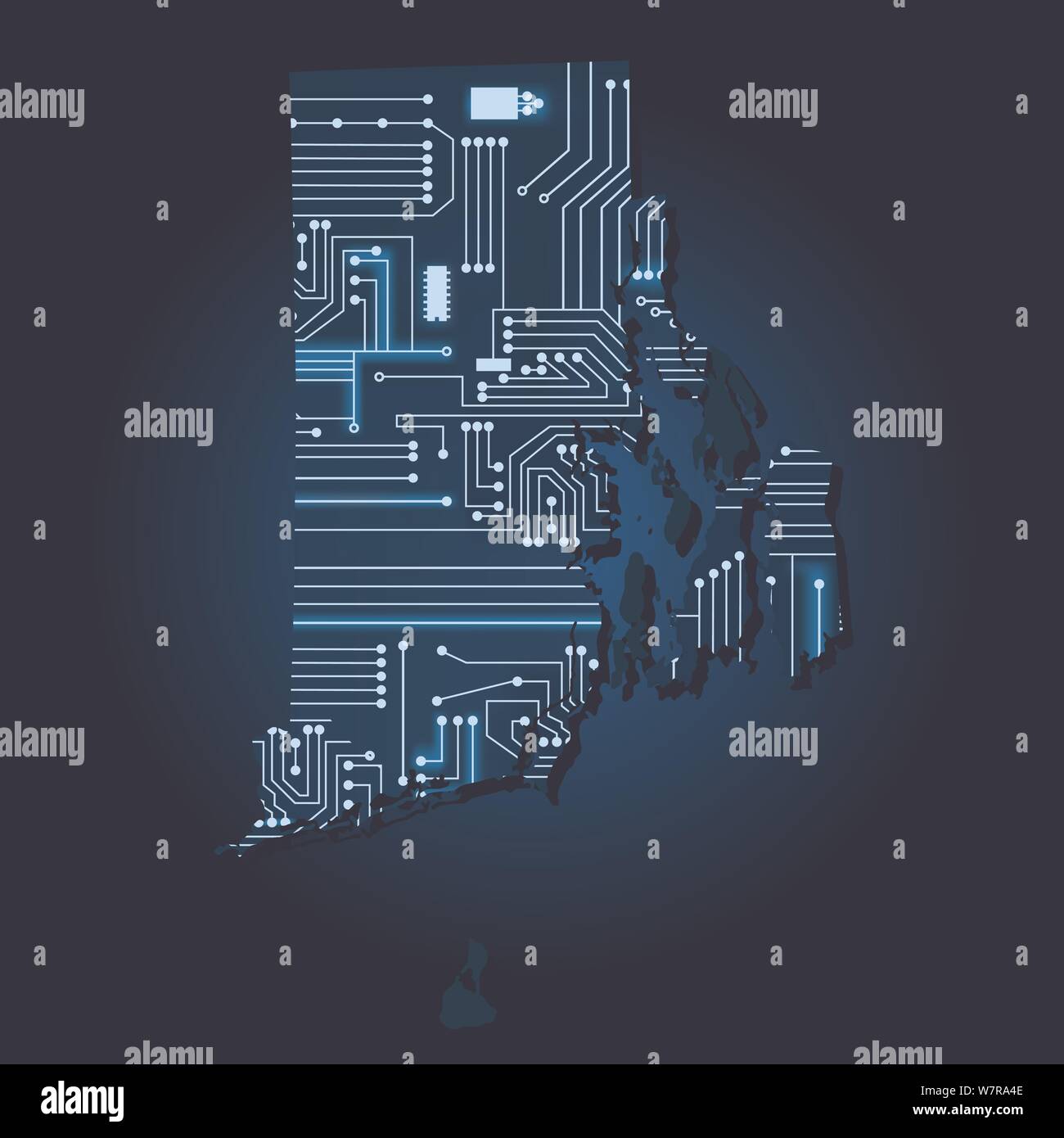 Kontur karte von Rhode Island mit einem Technische Elektronik Schaltung. USA Staat. Blauen Hintergrund. Stock Vektor