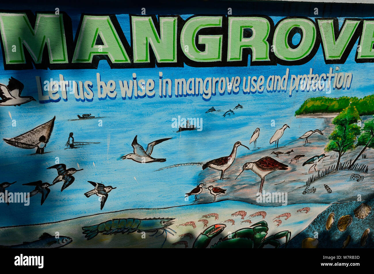 Mangrove Erhaltung Zeichen an CRINEO Projekt, Pulicat See, Tamil Nadu, Indien, Januar 2013. Stockfoto