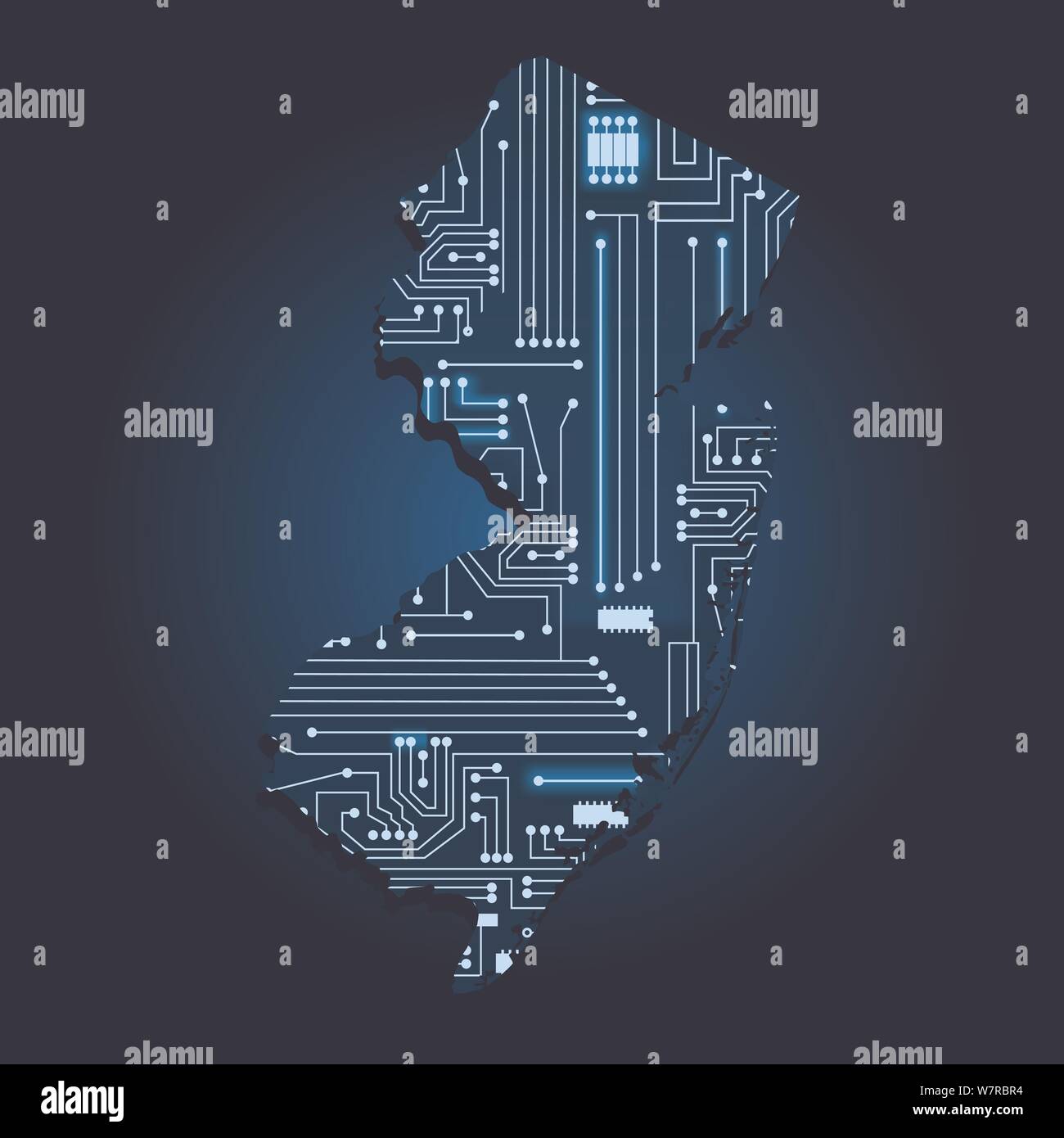 Kontur karte von New Jersey mit einem Technische Elektronik Schaltung. USA Staat. Blauen Hintergrund. Stock Vektor