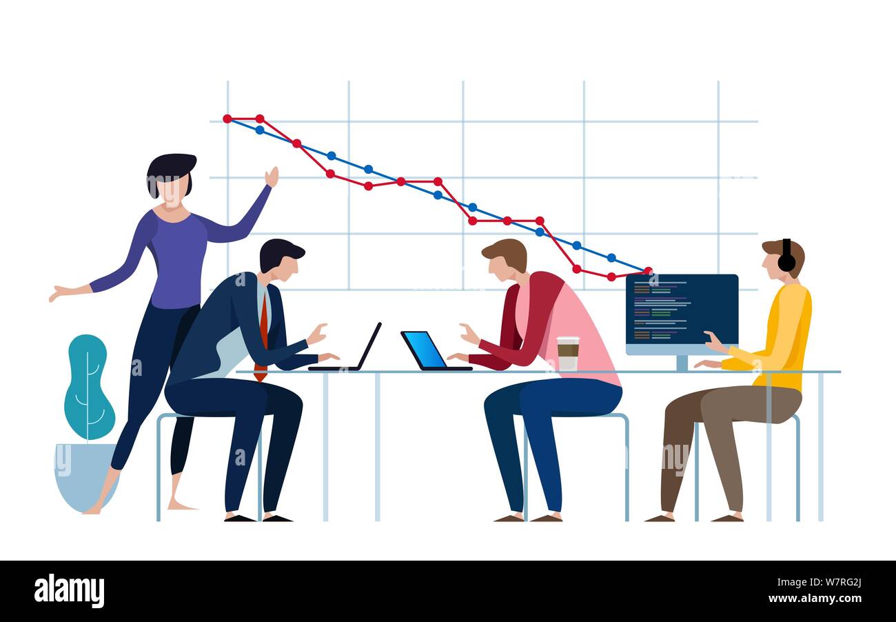 Burn-down Charts, Regelung von Agile Methoden. Scrum täglich treffen. Entwicklungsprozess. Stock Vektor