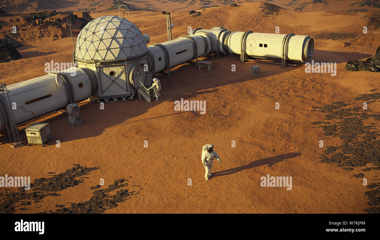 Mars base mit Astronauten, Station auf der Oberfläche des Roten Planeten. Stockfoto