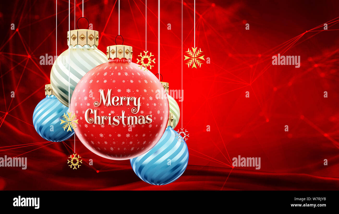 Christbaumkugeln mit frohe Weihnachten Text. 3D-Darstellung. Stockfoto