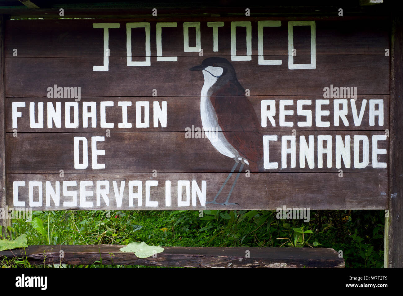 Canande finden Zeichen, durch die Jocotoco Conservation Foundation gehört. Ecuador. Stockfoto