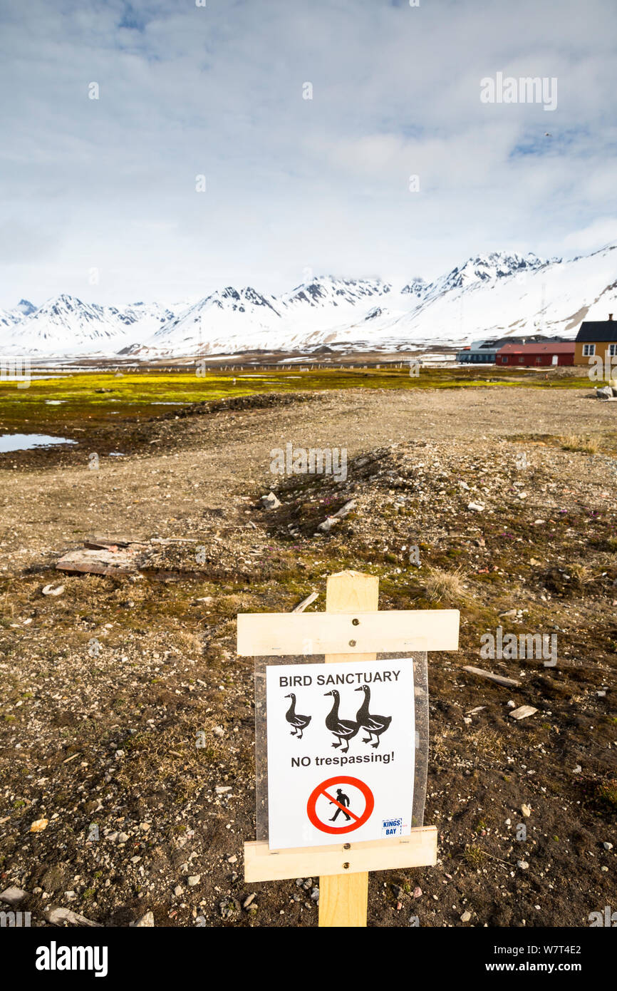Anmelden Warnung vor Boden nistende Vögel, ny-alesund International Research Village, Spitzbergen, Svalbard, Norwegen, Juni, 2012. Stockfoto