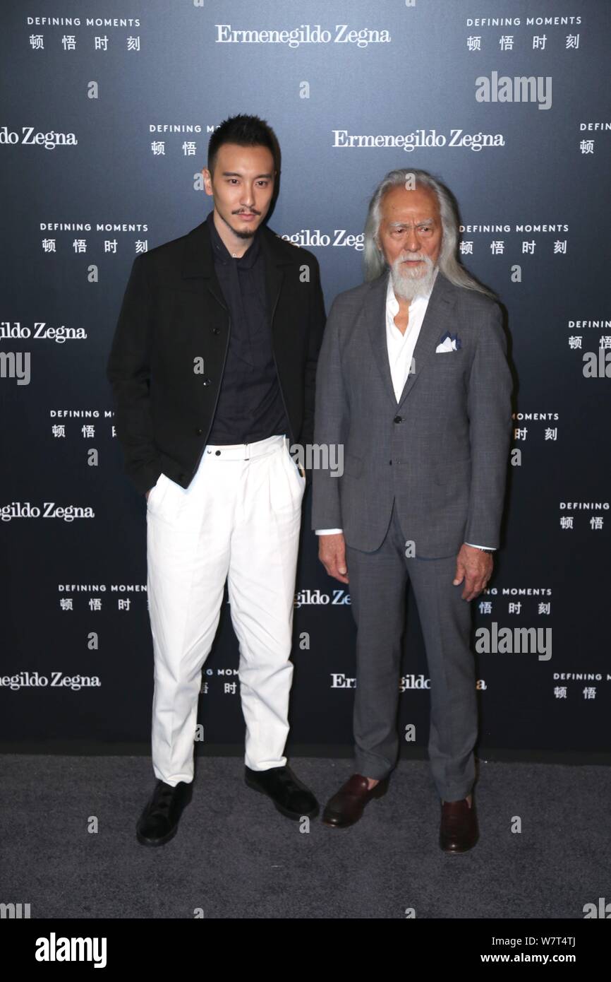 Der 81-jährige chinesische Modell Wang Deshun, rechts, und American-born taiwanesische Schauspielerin und Modell Sunny Wang darstellen, wie sie an der Ermenegildo Zegna 'Def ankommen Stockfoto