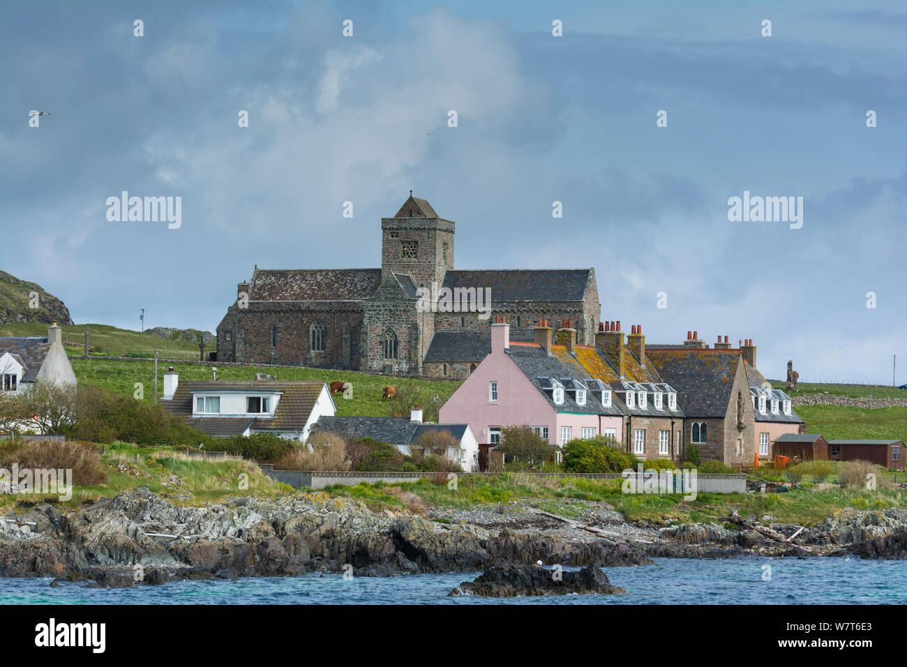 Blick auf Iona Abbey auf der Insel Iona, vor der Westküste von Mull, Innere Hebriden, Schottland, UK, Mai 2013. Stockfoto