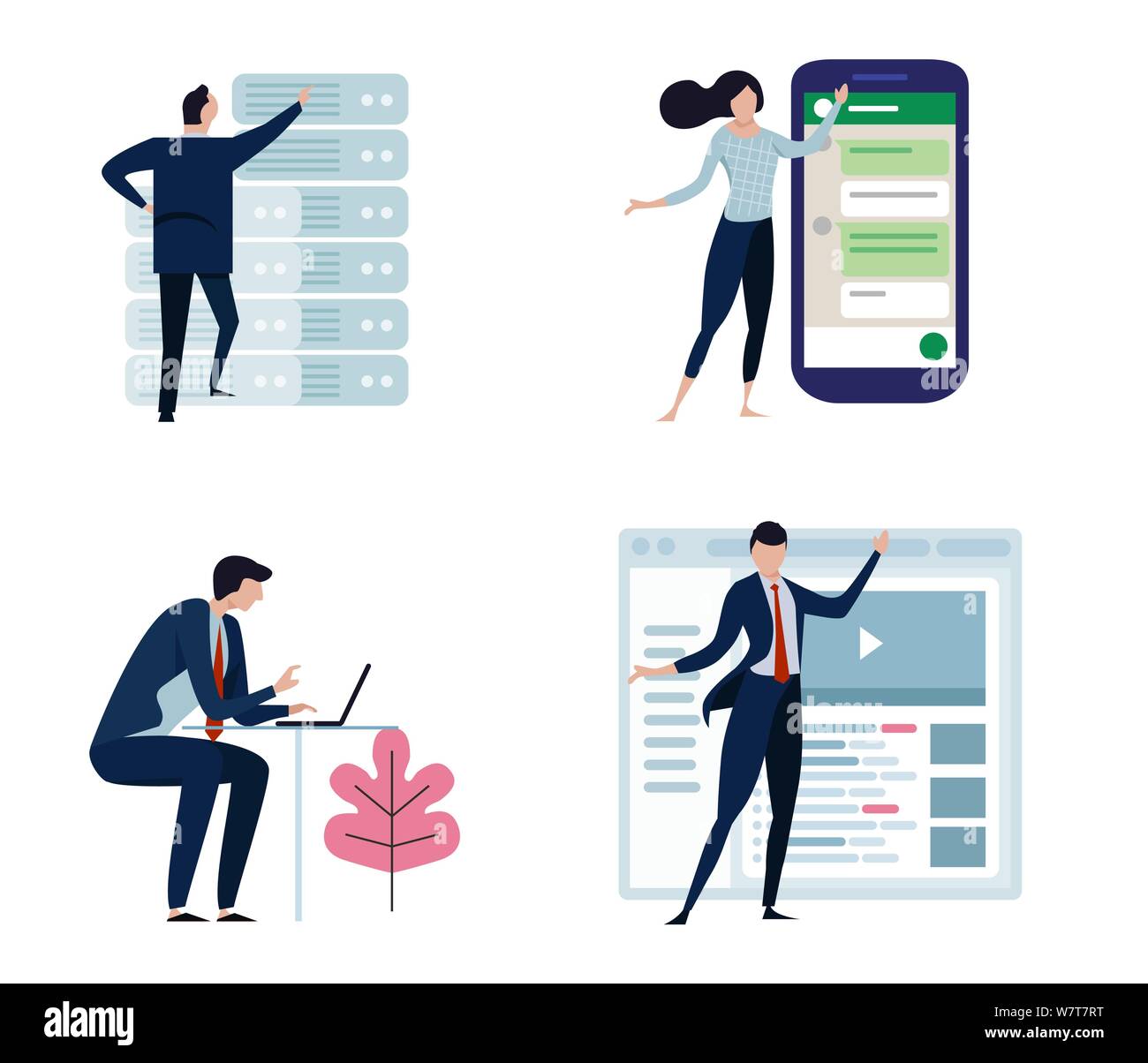 Eingestellt von Geschäftsleuten oder Büroangestellte, Mann und Frau, in verschiedenen Zeichen und Aktivitäten, einfaches Design. Große smart phone, Server, Internet und Stock Vektor