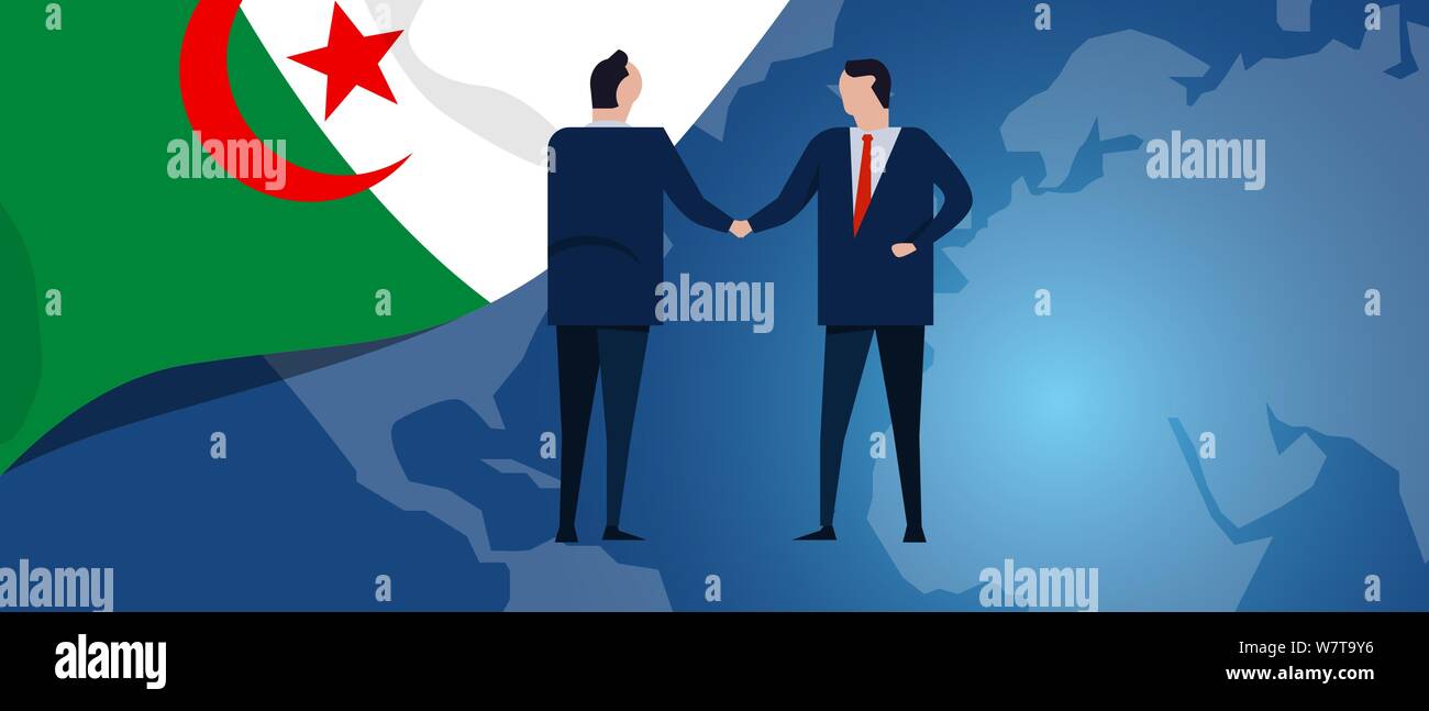 Algerien internationale Partnerschaft. Diplomatie verhandelt. Geschäftsbeziehung Vereinbarung Handshake. Landesflagge und Karte. Corporate Global Business Stock Vektor