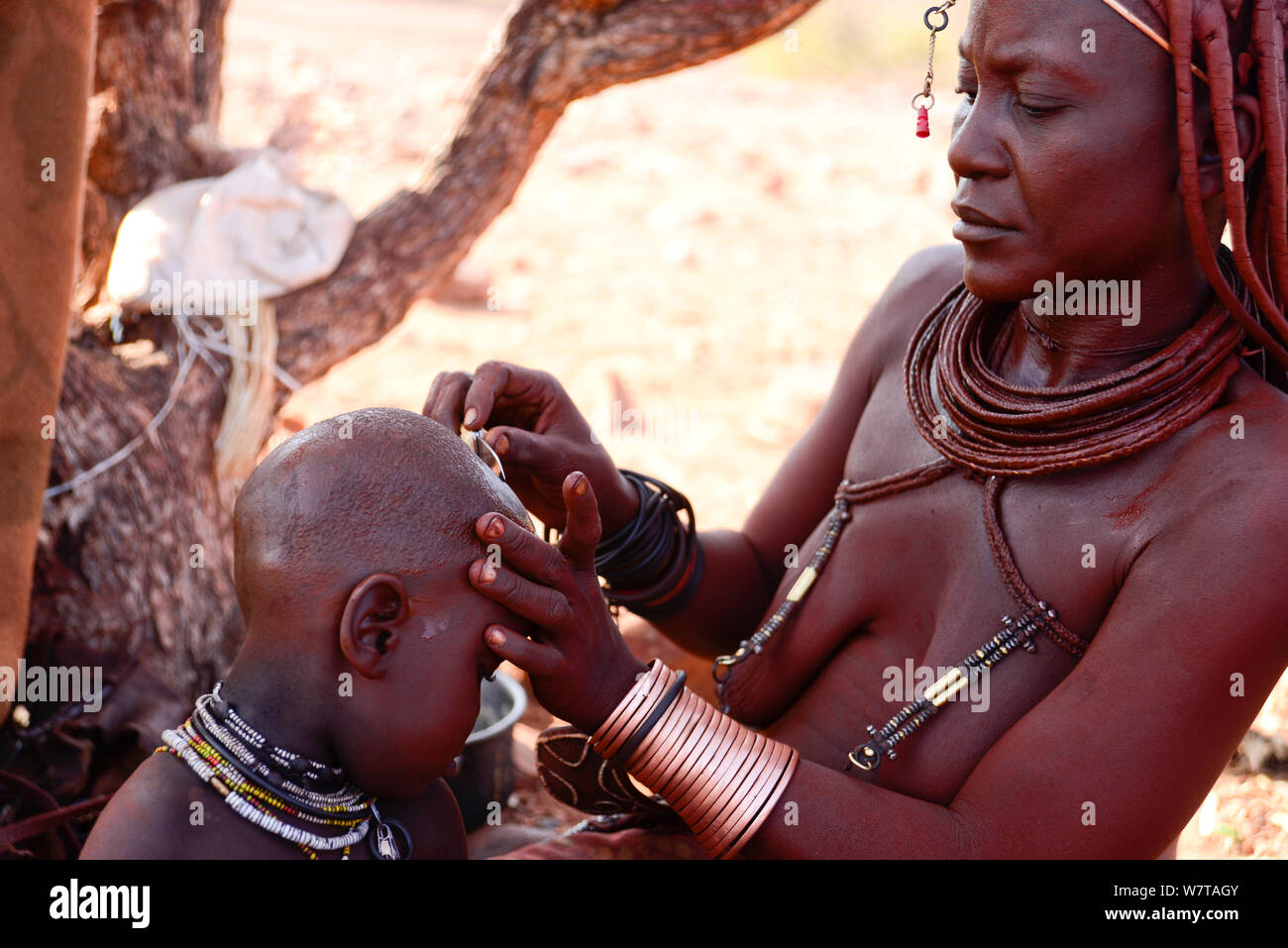 Himba Mutter rasieren Söhne Haar, Kaokoveld, Namibia, September 2013. Stockfoto