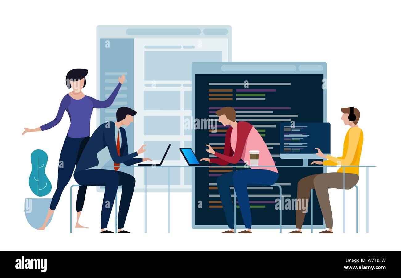 Die Entwicklung Programmierung und Coding Technologies. Website Design. Programmierer in einer Software arbeiten, entwickeln in einem Team arbeiten. Stock Vektor