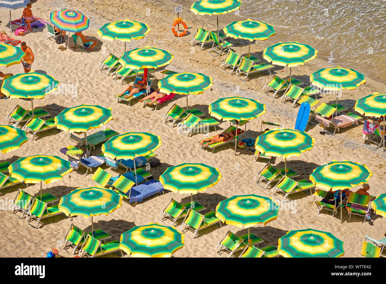 Sonnenschirme am Strand von Tropea in Kalabrien in Süditalien. Stockfoto