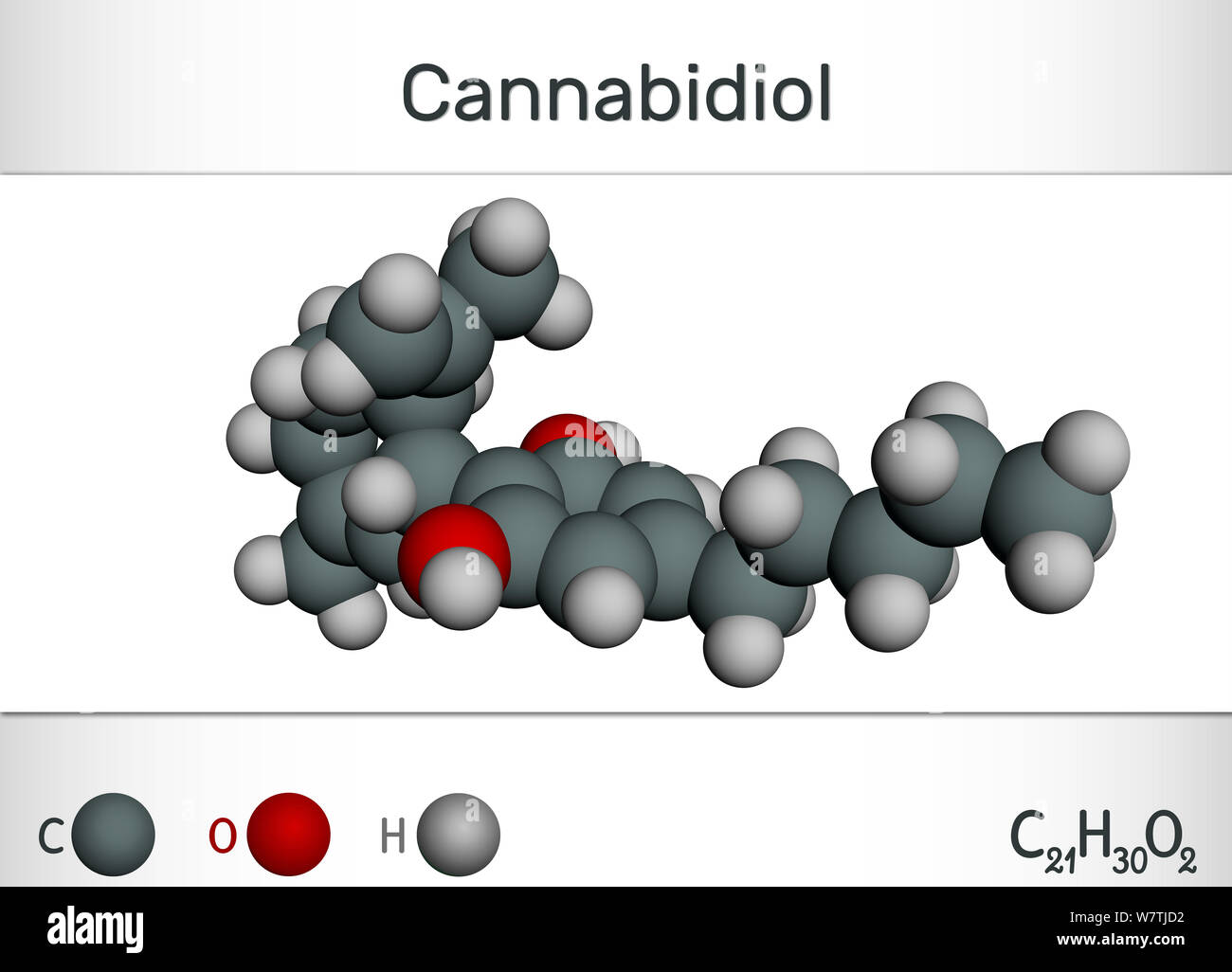 Cannabidiol CBD Molekül. hemical Formel und Molekül-Modell. Aktive CANNABINOID in Cannabis, hat antipsychotischen Wirkung. 3D-Rendering Stockfoto