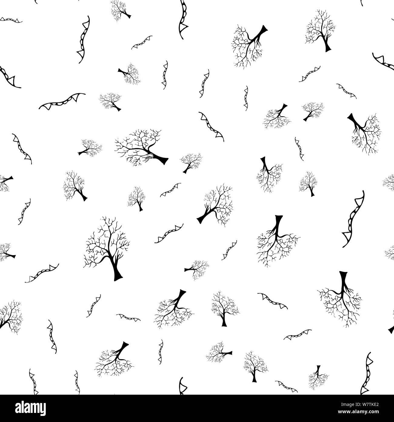 Skizze Halloween Bäume und Vampir Zähne nahtlose skizzieren. Halloween Bäume und Vampir Zähne nahtlose Gliederung in einer handgezeichneten Stil. Oktober harvest b Stock Vektor