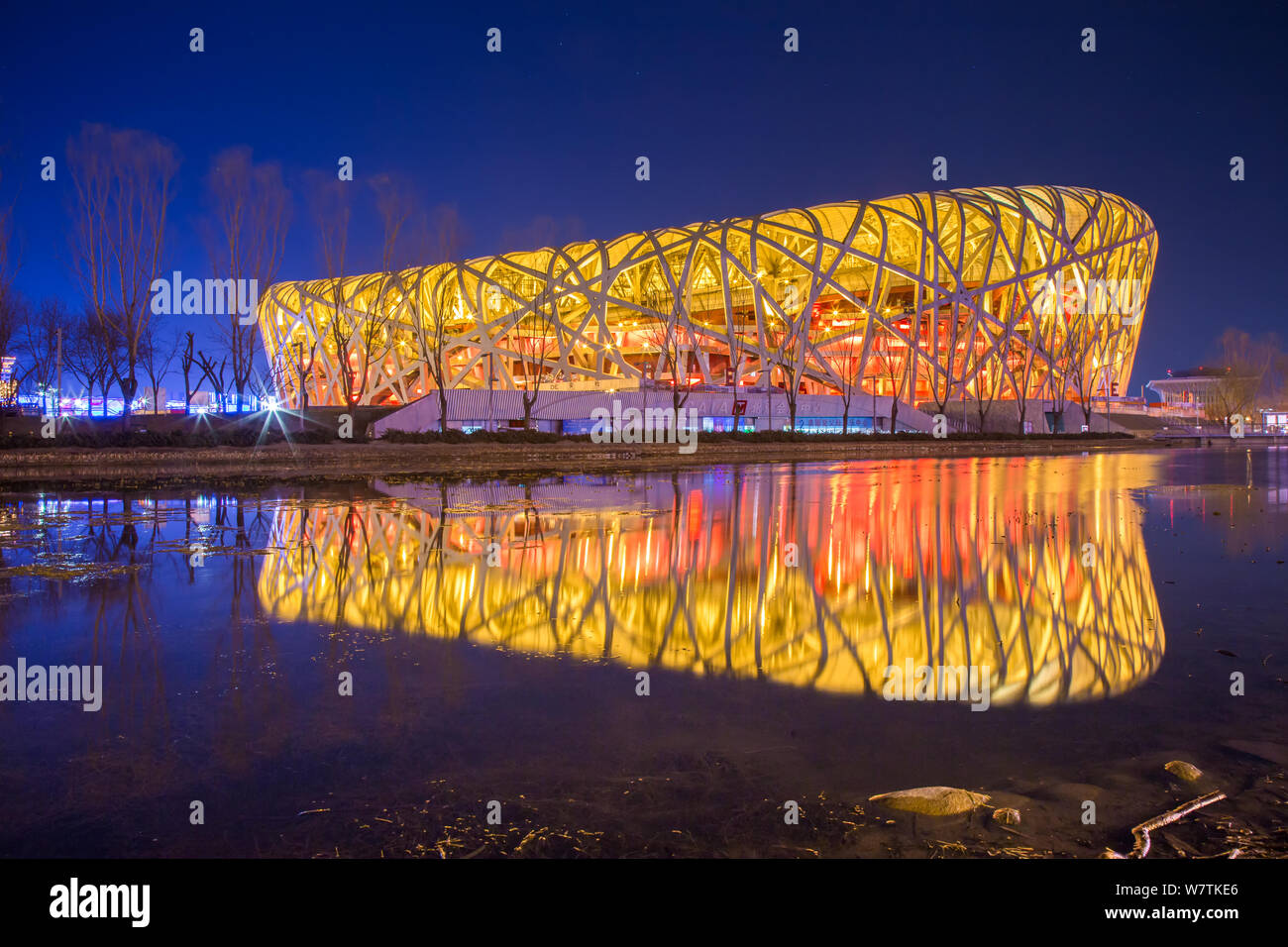 Nachtansicht der Pekinger Nationalstadion, auch bekannt als der Bird's Nest, in Peking, China, 1. März 2017. Stockfoto