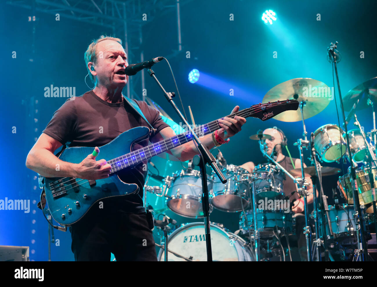 Mark King von Level 42 Durchführen am Wickham Festival, Wickham, Großbritannien. August 2, 2019 Stockfoto