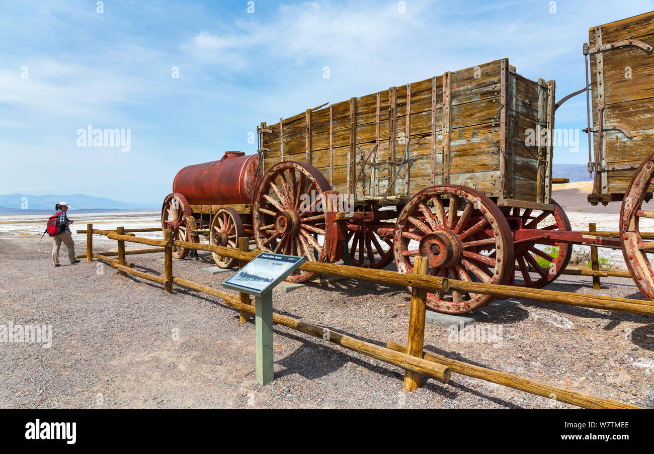 Wagen im Harmony Borax Werke Historic Site, Death Valley National Park, Kalifornien, USA, März 2013. Stockfoto