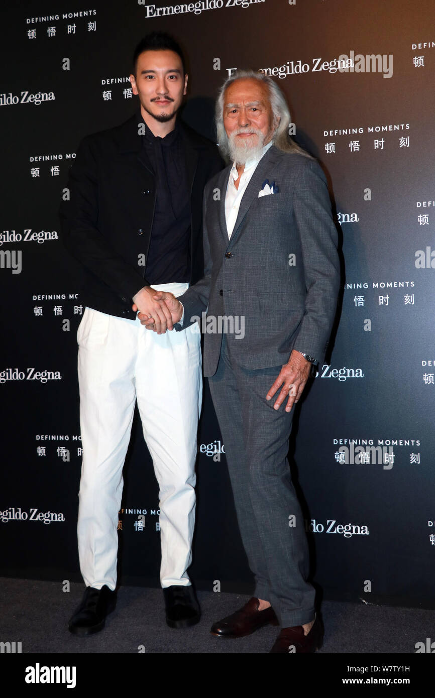Der 81-jährige chinesische Modell Wang Deshun, rechts, und American-born taiwanesische Schauspielerin und Modell Sunny Wang darstellen, wie sie an der Ermenegildo Zegna 'Def ankommen Stockfoto