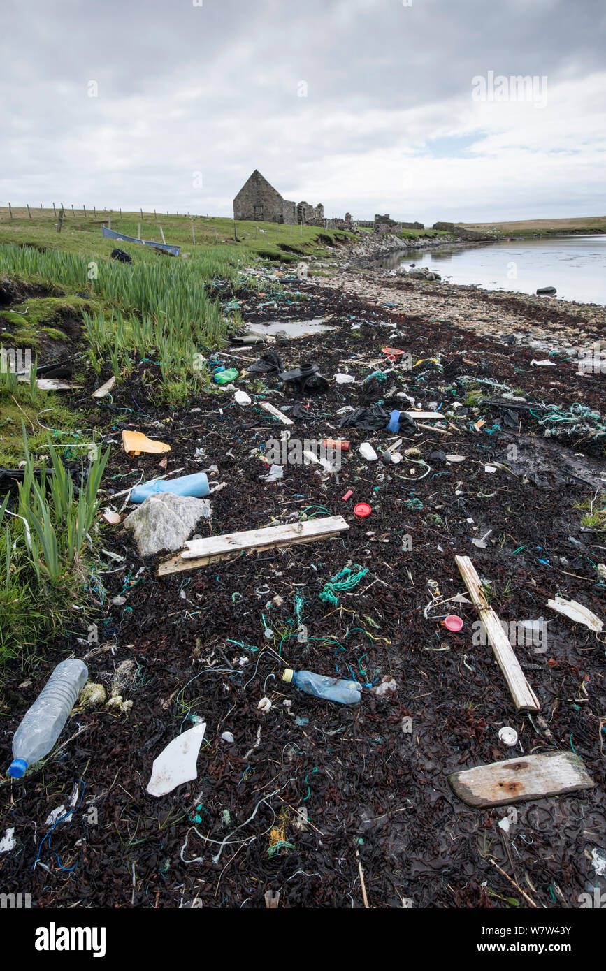 Müll gewaschen bis auf entfernten Strand, Burravoe, Shetlandinseln, Schottland, UK, Mai. Stockfoto