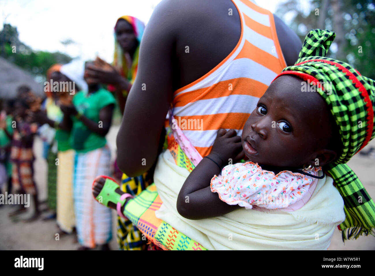 Balanta Baby an Mutter &#39;s zurück bei Veranstaltung in Yen-Falas Dorf, cantanhez Nationalpark, Guinea-Bissau, Dezember 2013. Stockfoto