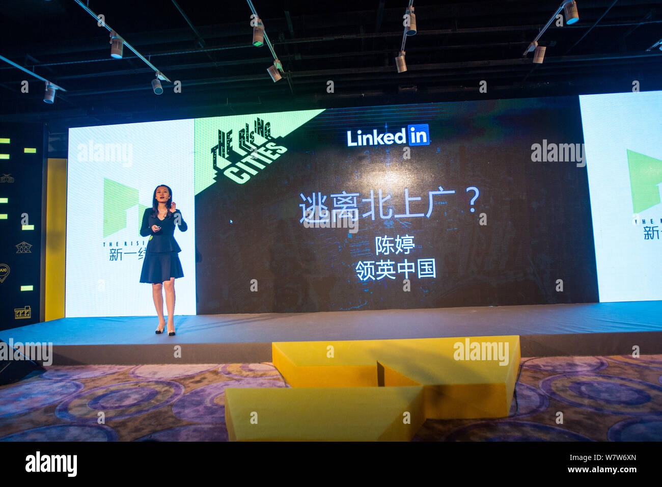 ---- Chen Ting, Marketing Director von LinkedIn China, spricht auf einer Konferenz in Schanghai, China, 19. Januar 2016. Die Anzahl der Benutzer in LinkedIn Stockfoto