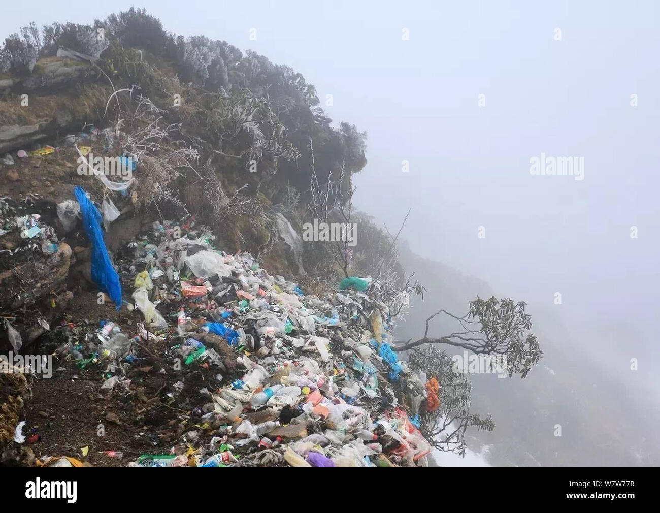 Müll links durch widerspenstige Touristen ist dargestellt in Niubei Berg, auch als Vieh zurück Berg, in Yingjing county bekannt, Ya'an City, im Südwesten Chinas Stockfoto