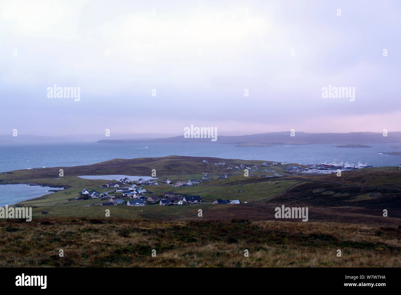 Blick auf den Hafen von Symbister, Whalsay, Shetland Inseln, November 2013. Stockfoto