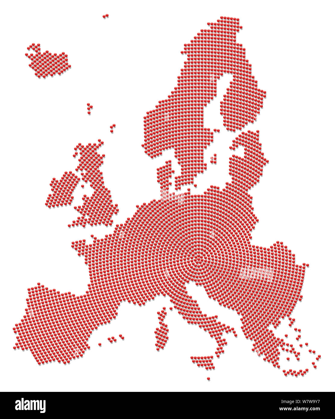 Europa Karte mit vielen kleinen roten Kugeln - Illustration, radial auf weißem Hintergrund. Stockfoto