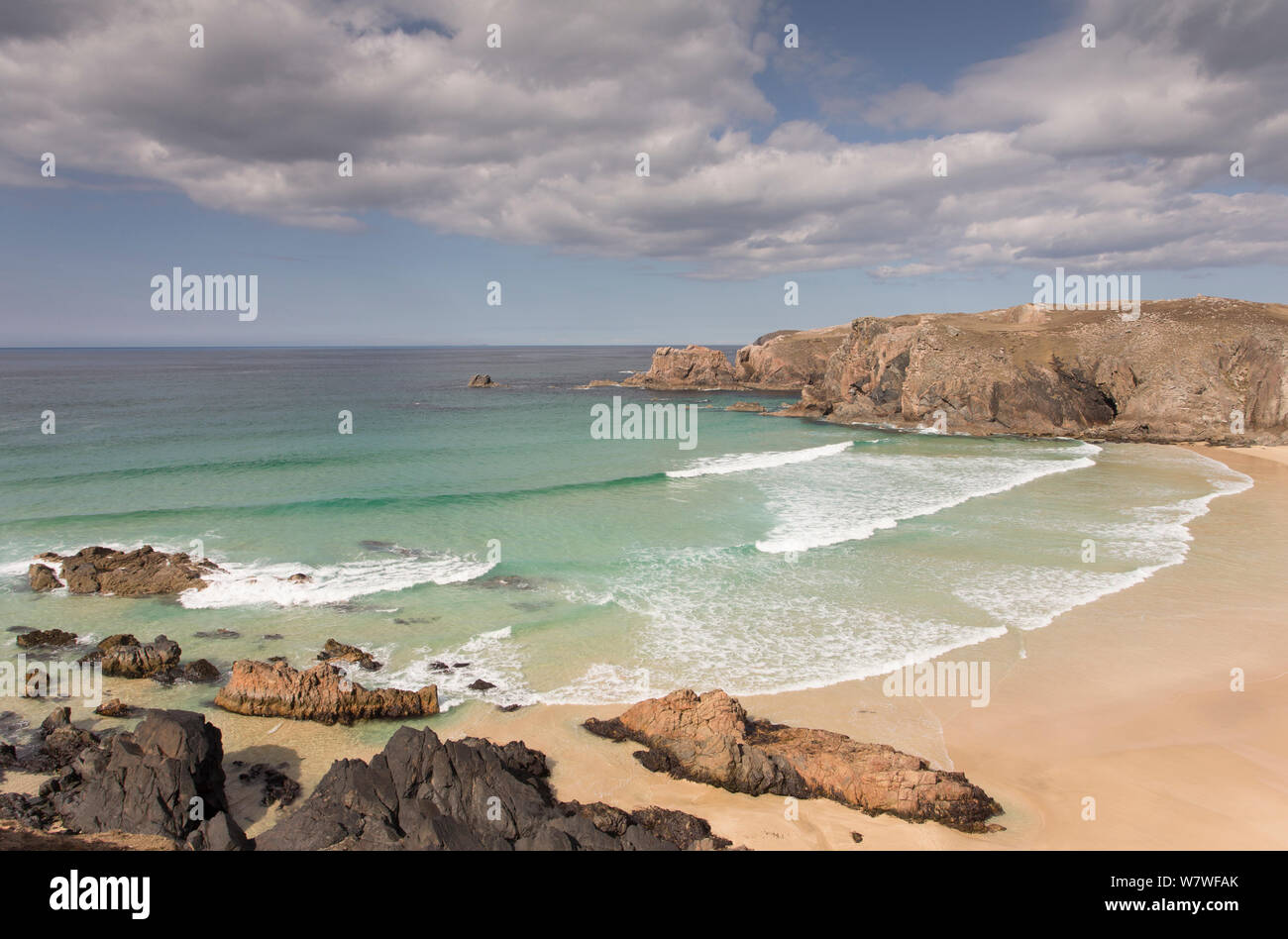 Blick auf Mangerstadh Strand, Insel Lewis, Äußere Hebriden, Schottland, April 2013. Stockfoto